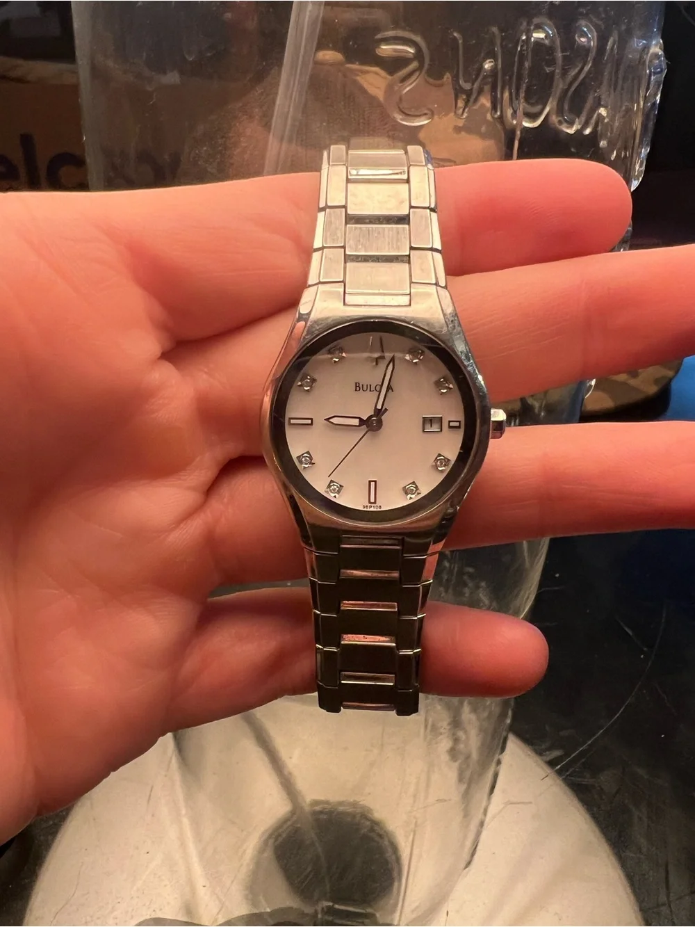 Bulova Silver-Tone Bracelet Watch with White Mother-of-Pearl Dial